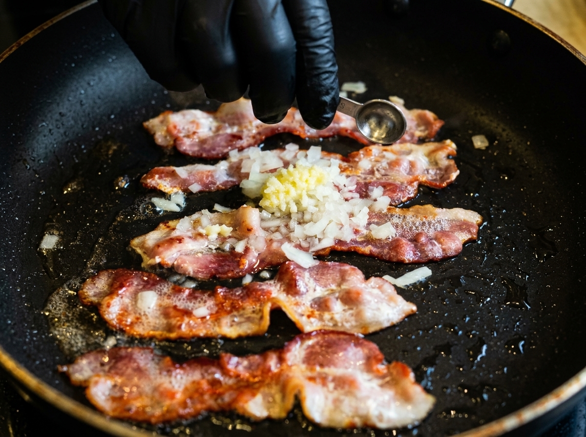 Una mano con un guanto nero che usa un cucchiaio dosatore per aggiungere cipolla e aglio tritati sulla pancetta sfrigolante.