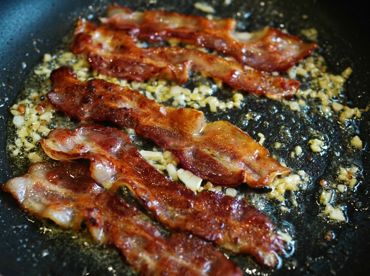 Fette di pancetta croccante che sobbollono in una glassa scura e lucida di miele e aceto con aromi tritati in padella.