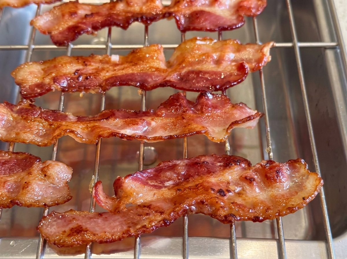 Fette di pancetta cotte e glassate lucide che riposano su una griglia metallica di raffreddamento.
