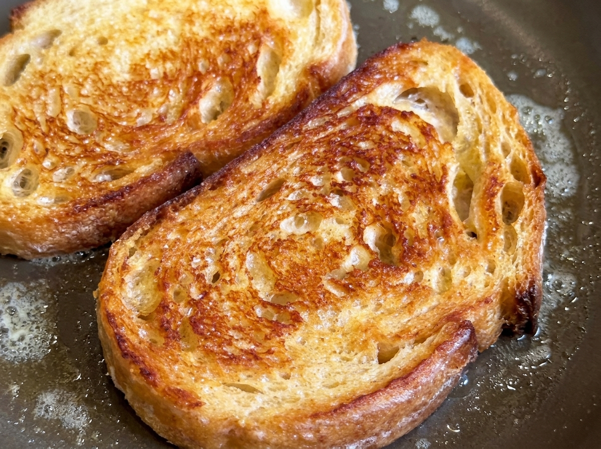 Due fette di pane artigianale che tostano fino a dorarsi in una padella leggermente unta.