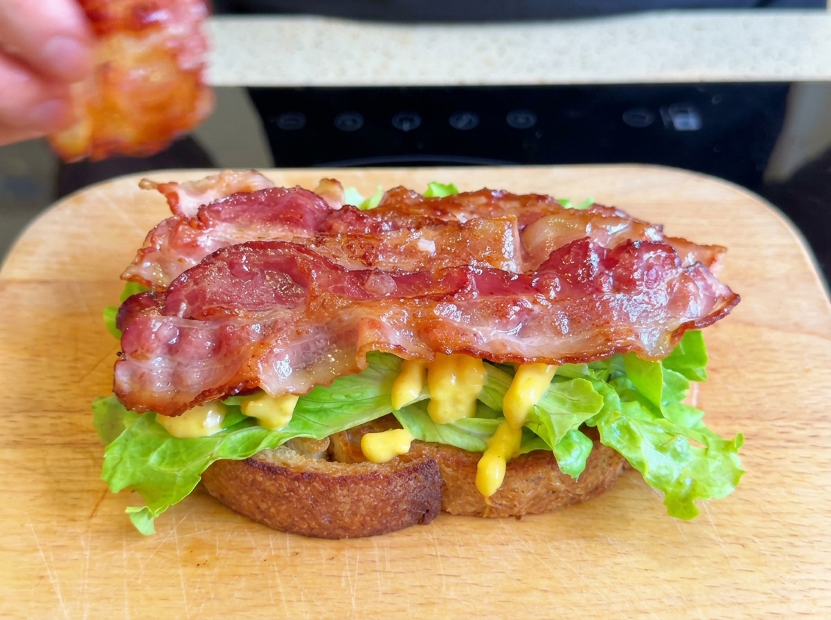 Fette di pancetta lucide e cotte disposte sopra la lattuga fresca su una fetta di pane tostato.
