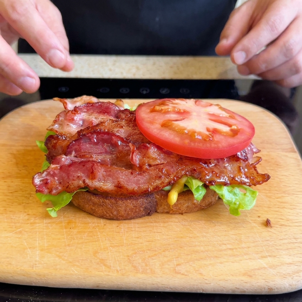 Una fetta spessa di pomodoro rosso brillante posizionata perfettamente sopra una pila di pancetta croccante allinterno di un panino.
