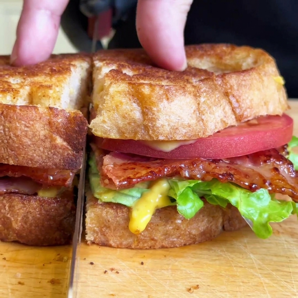 Dita che premono delicatamente su un grosso panino BLT appena assemblato mentre un coltello seghettato lo taglia a metà.