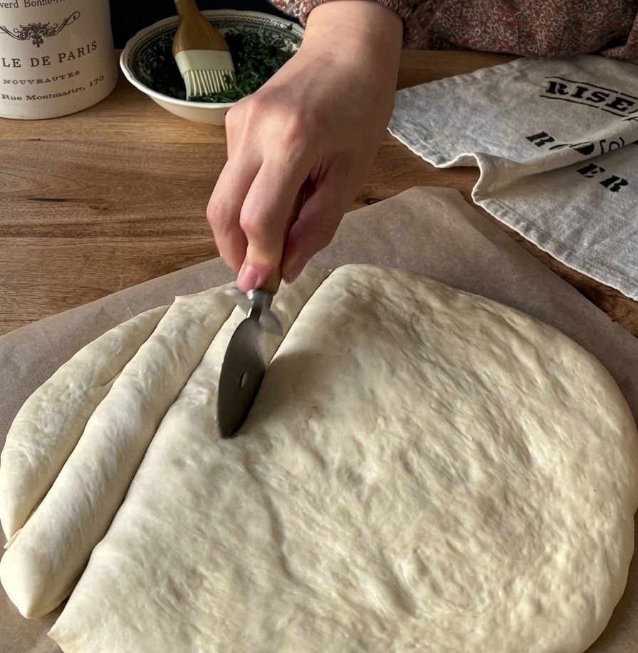 Una mano che incide una griglia su un disco di impasto crudo steso su carta da forno usando una rotella tagliapizza.