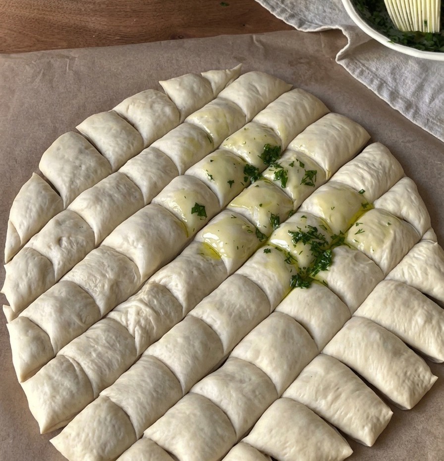 Un impasto per pizza rotondo inciso a piccoli quadri, con alcune sezioni lucide per lolio allaglio e erbe applicato con un pennello da cucina.