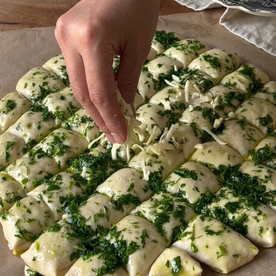 Mozzarella grattugiata che viene distribuita a mano su un disco di impasto condito con olio verde allaglio e erbe.