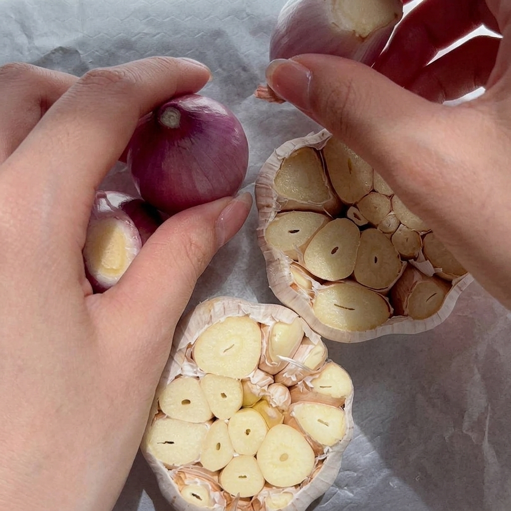 Un primo piano di teste daglio crudo tagliate nella parte superiore, condite con un filo dolio su un foglio di carta forno.