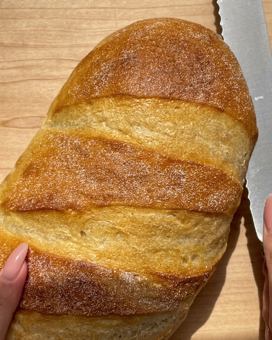 Una mano che usa un coltello seghettato per tagliare orizzontalmente una pagnotta di pane croccante su un tagliere di legno.