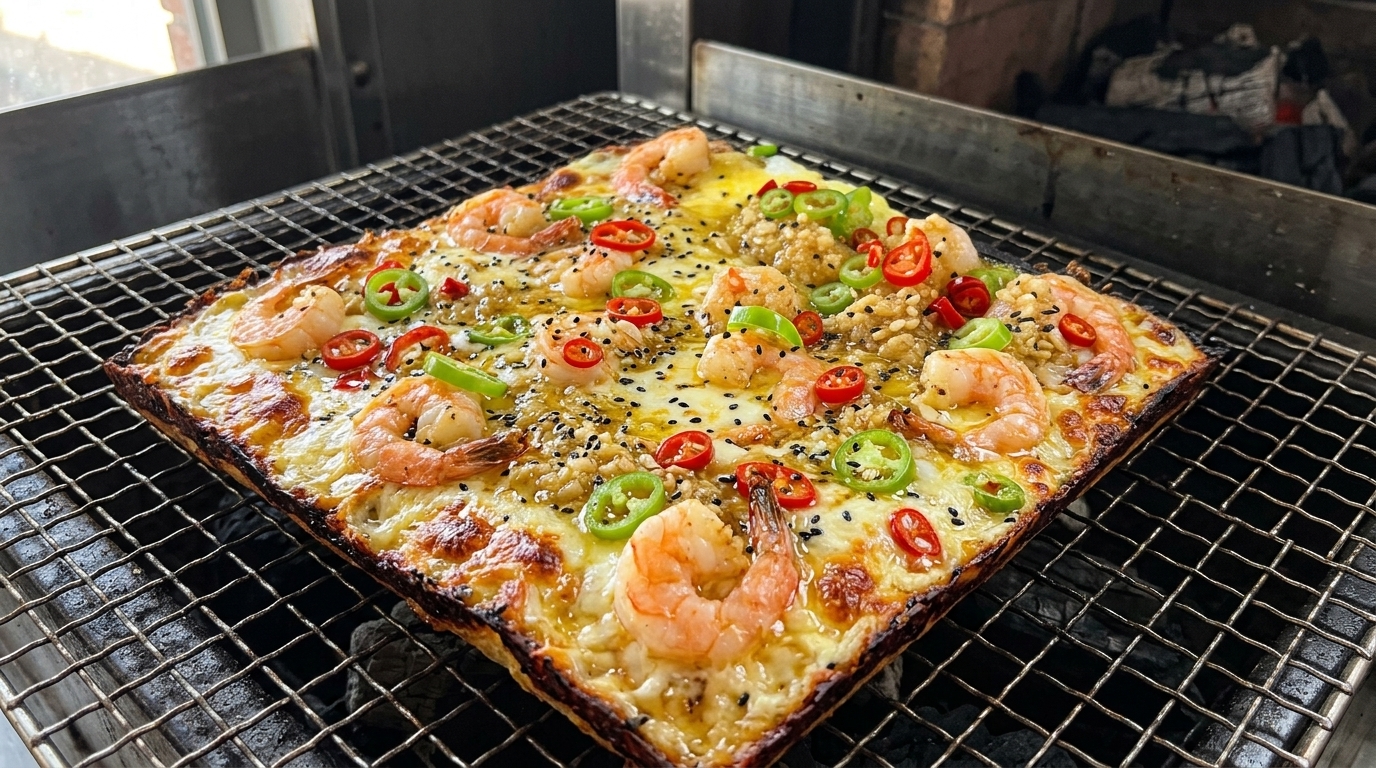Pizza alla Brace con Gamberi e Aglio