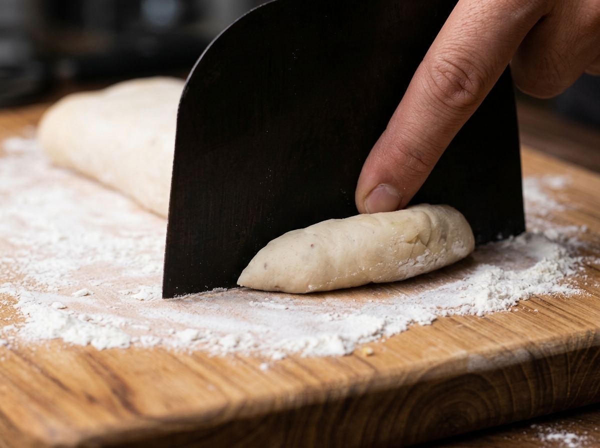 Primo piano di una mano che usa un tarocco di metallo nero per tagliare un pezzo di impasto su un tagliere di legno.