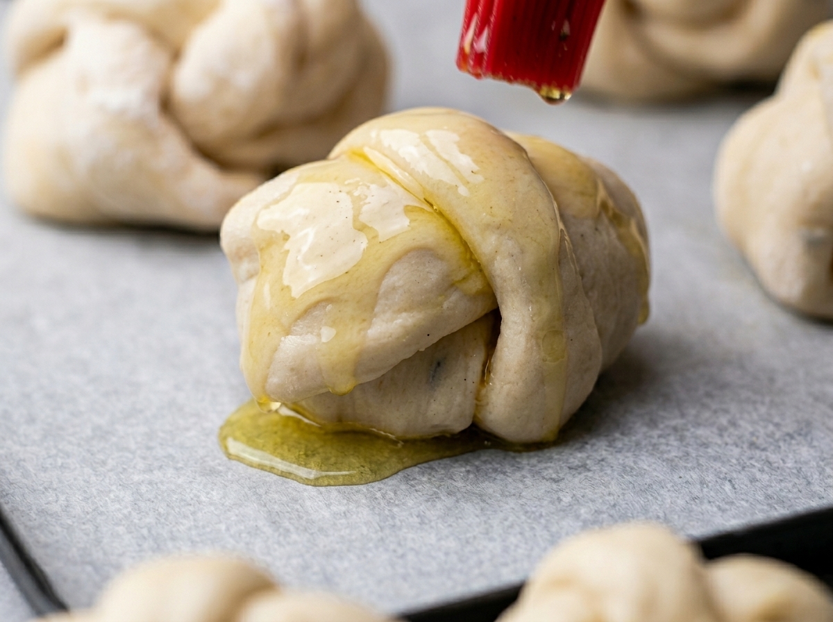 Un pennello in silicone rosso che applica olio doliva su un nodino di impasto crudo adagiato su carta da forno bianca.