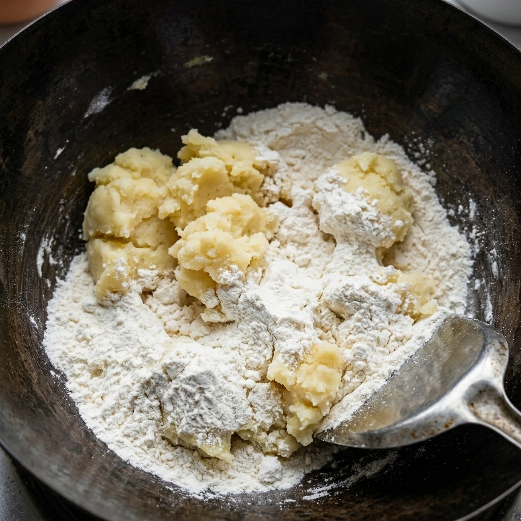 Una spatola di metallo mescola la farina nel burro fuso in una padella scura per formare una densa pasta roux.