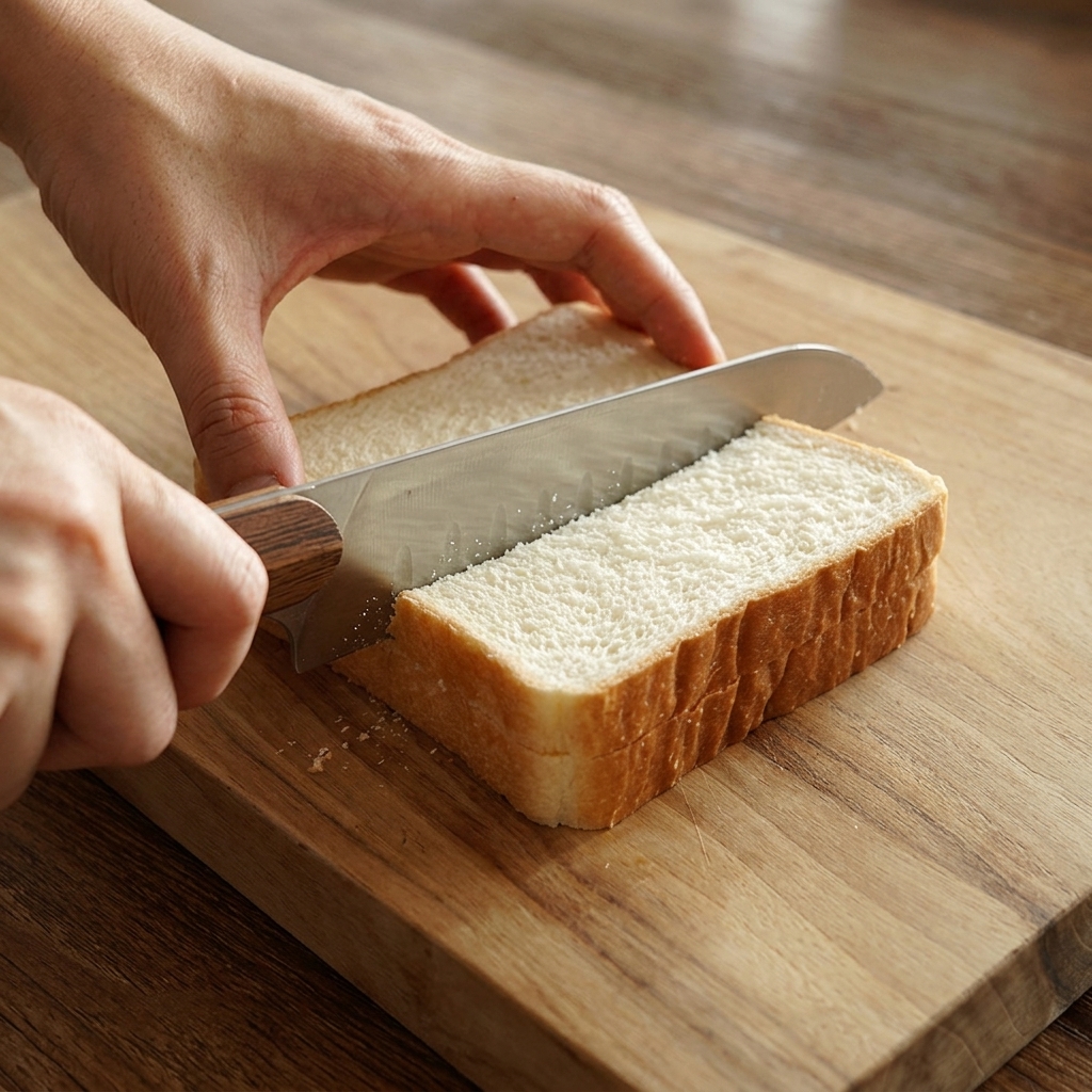 Primo piano di una mano che taglia a metà due fette di pancarrè bianco su un tagliere di legno.