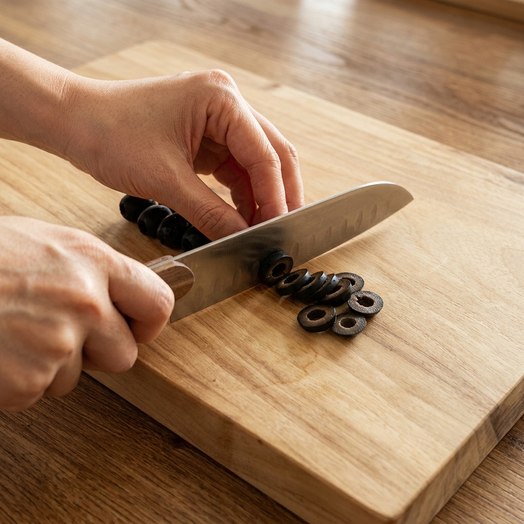 Primo piano di olive nere snocciolate tagliate a rondelle su un tagliere di legno.