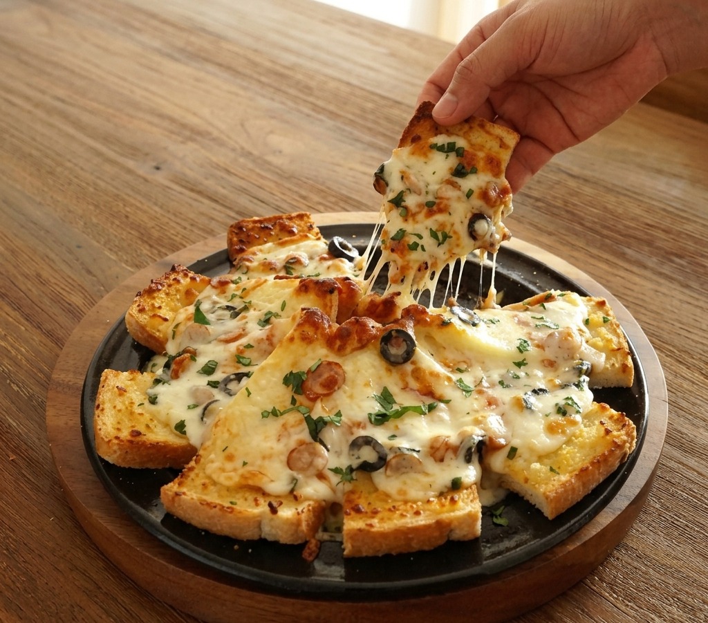 Tre cucchiaiate di salsa di pomodoro rosso brillante adagiate sulle fette di formaggio bianco al centro della pizza di pane.