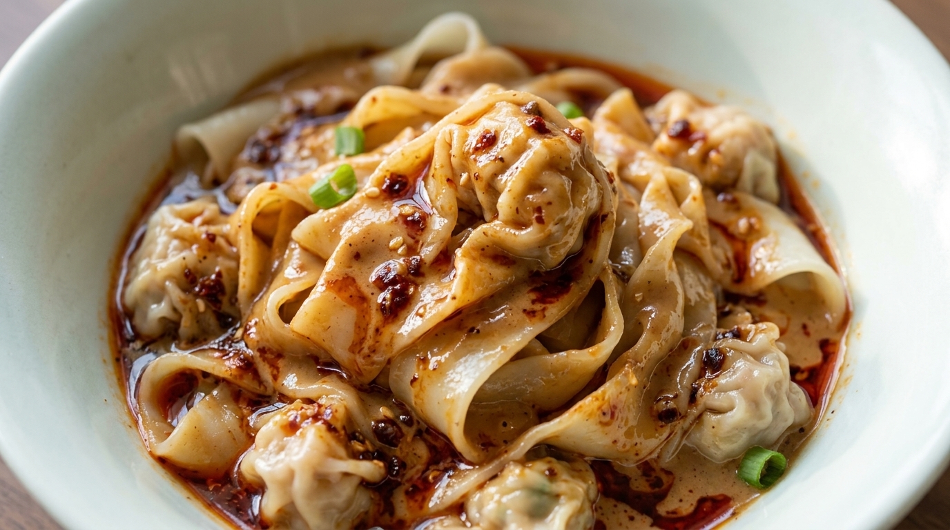 Noodles wonton tirati a mano con salsa piccante al sesamo