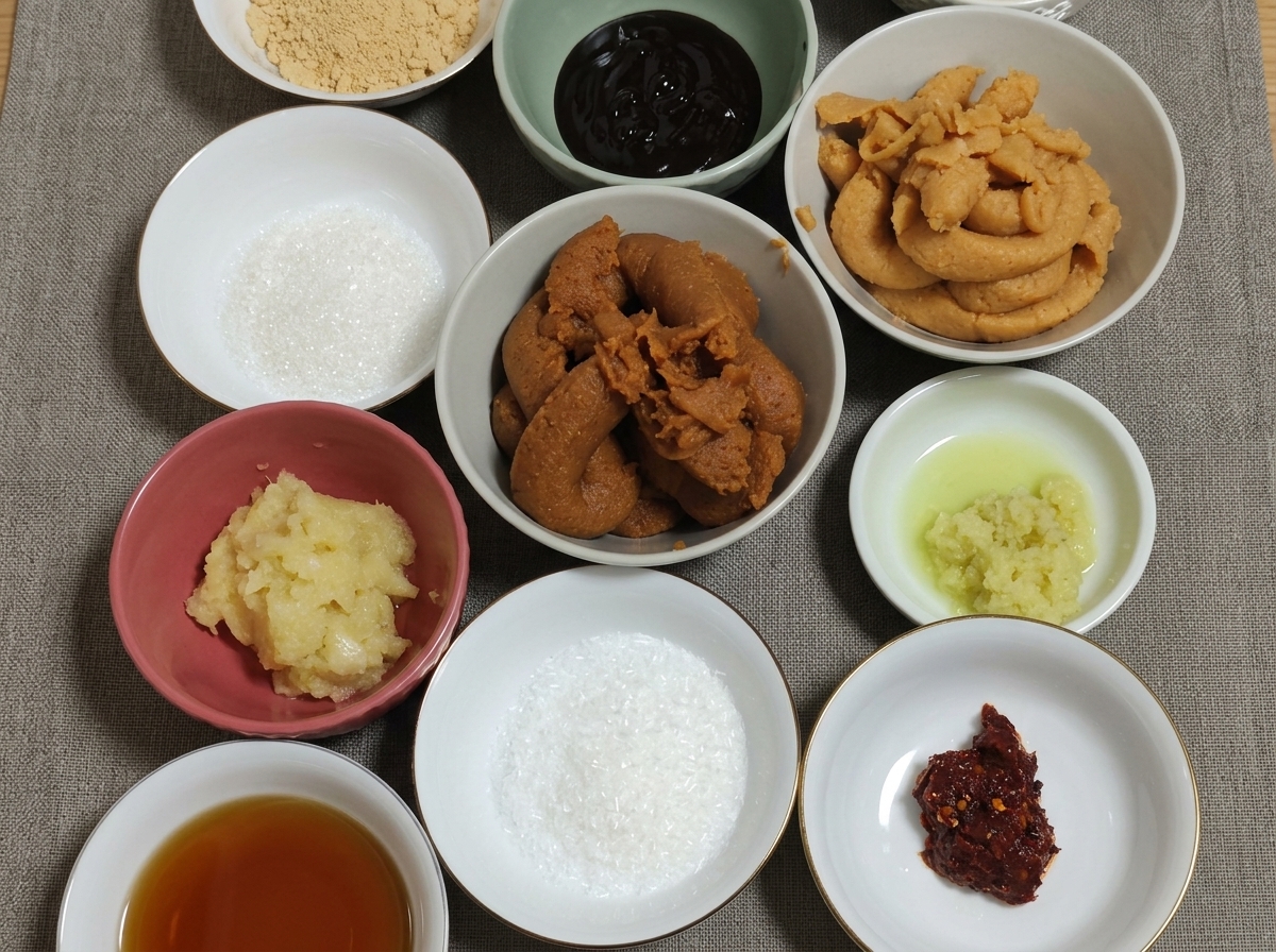 Vista dallalto di diverse ciotoline in ceramica disposte su un panno grigio, contenenti miso di vari colori, zucchero bianco, farina di soia, aglio tritato e peperoncino in fiocchi.