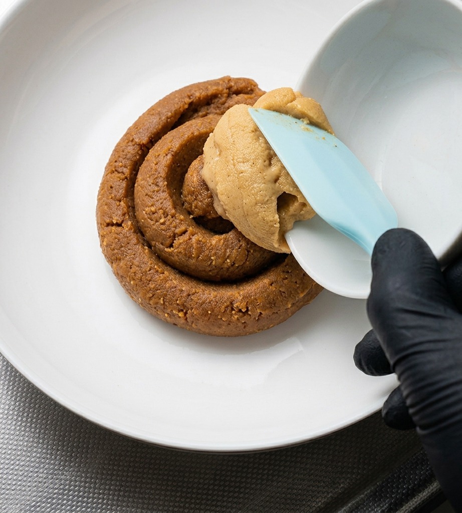 Una mano con un guanto usa una spatola blu per raccogliere il miso chiaro da una ciotola bianca e versarlo in una ciotola più grande che contiene già del miso rosso scuro.