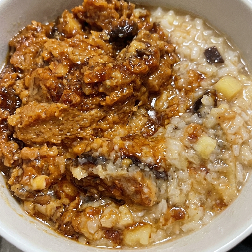 Primo piano di una ciotola bianca con un composto denso e granuloso di miso marrone che viene mescolato accuratamente.