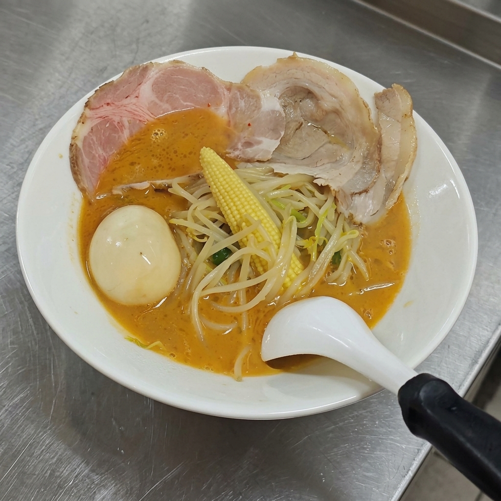 Una ciotola finita di ramen al miso con germogli di soia, pannocchiette di mais, fette di maiale chashu, un uovo sodo morbido e un cubetto di burro giallo in cima.