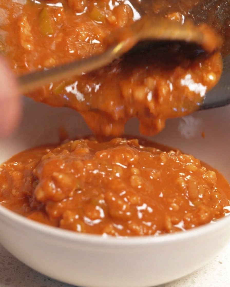 Una salsa arancione ricca e corposa che viene versata da una padella scura in una ciotola di ceramica bianca.