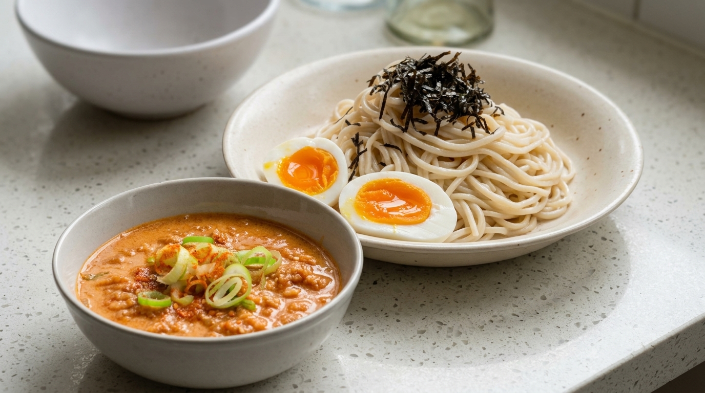 Tsukemen Giapponese Cremoso: Ramen Freddo con Zuppa al Latte di Soia e Miso Piccante