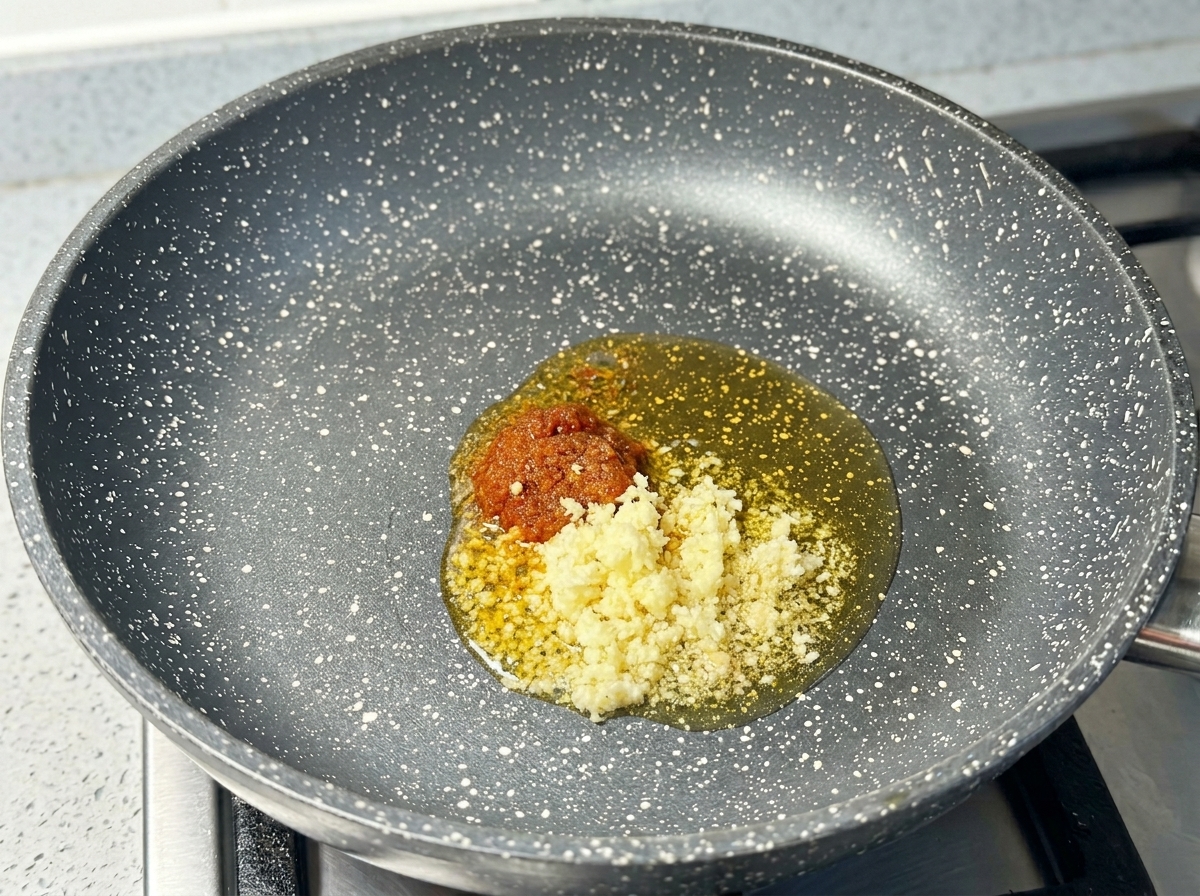 Aglio tritato e un cucchiaio di pasta di gamberetti rossastra che sfrigolano nellolio caldo in una padella.