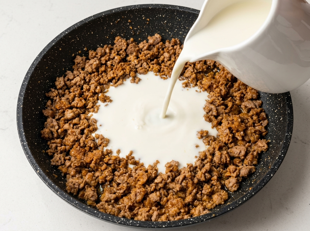 Latte bianco versato da una brocca di ceramica in una padella contenente la carne di maiale cotta.