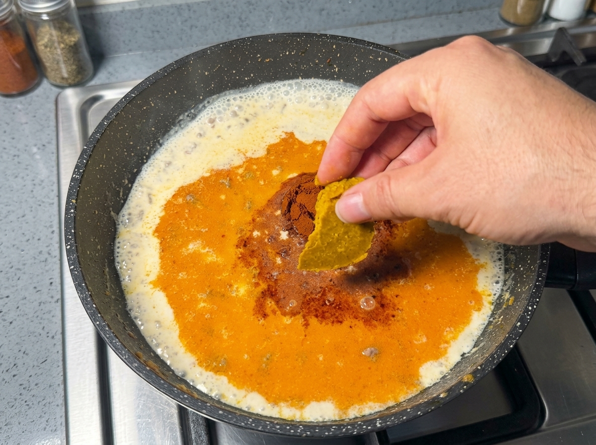 Una mano che spezzetta un panetto di curry giapponese dorato sopra una padella con brodo lattiginoso e carne.