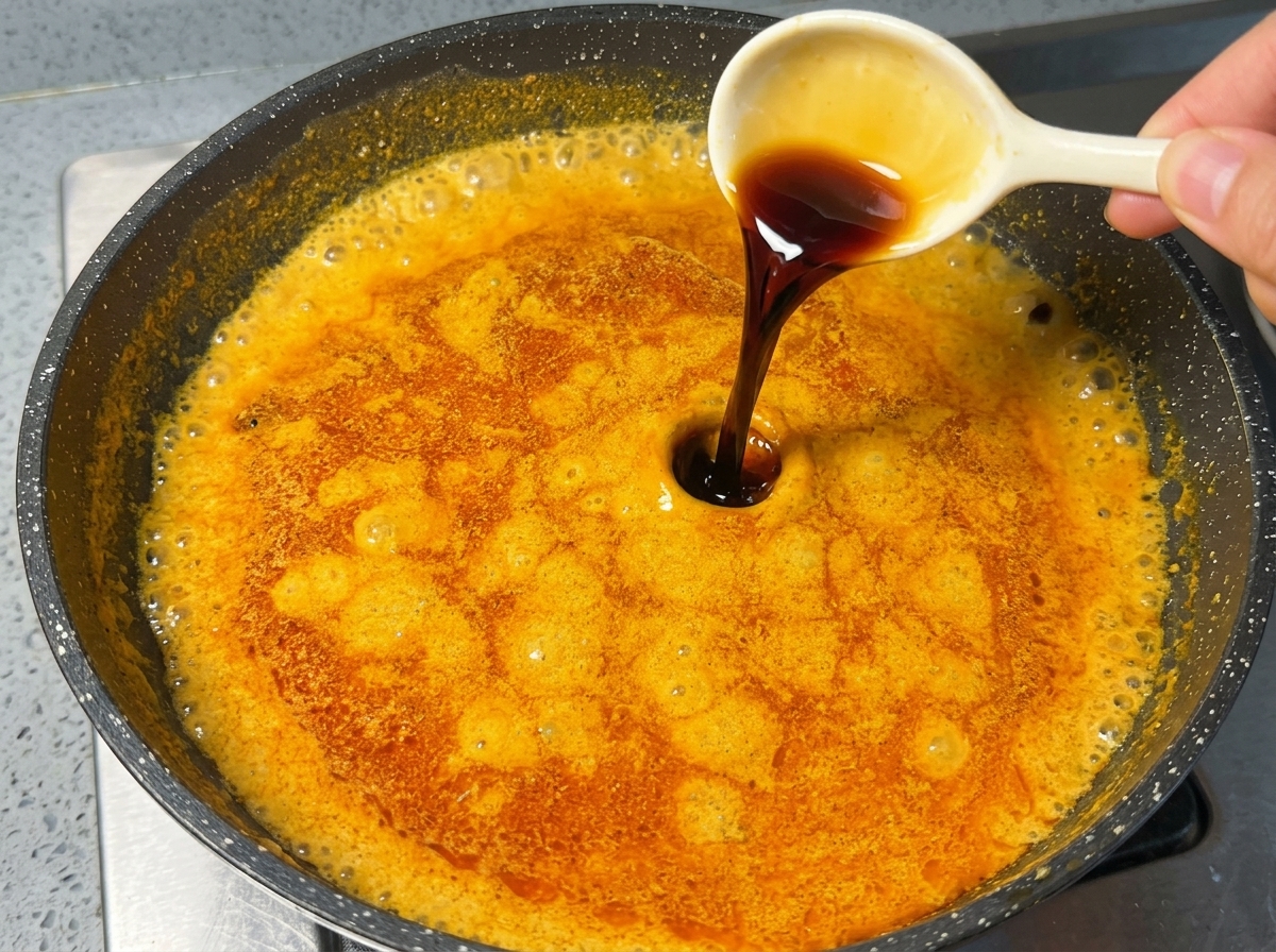 Salsa di soia scura versata da un cucchiaino di ceramica in una padella con salsa al curry arancione.