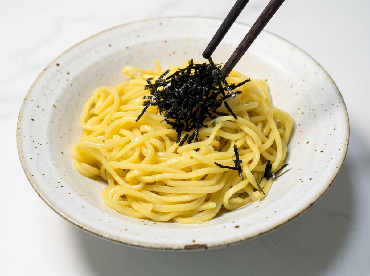 Bacchette scure che posizionano un ciuffo di alga nori a striscioline sopra i noodles gialli in una ciotola.