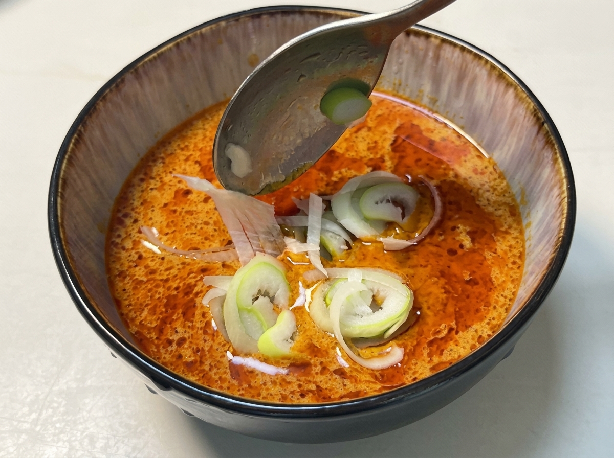 Un cucchiaio che adagia cipollotti freschi a rondelle su una salsa densa al curry in una ciotola di ceramica scura.