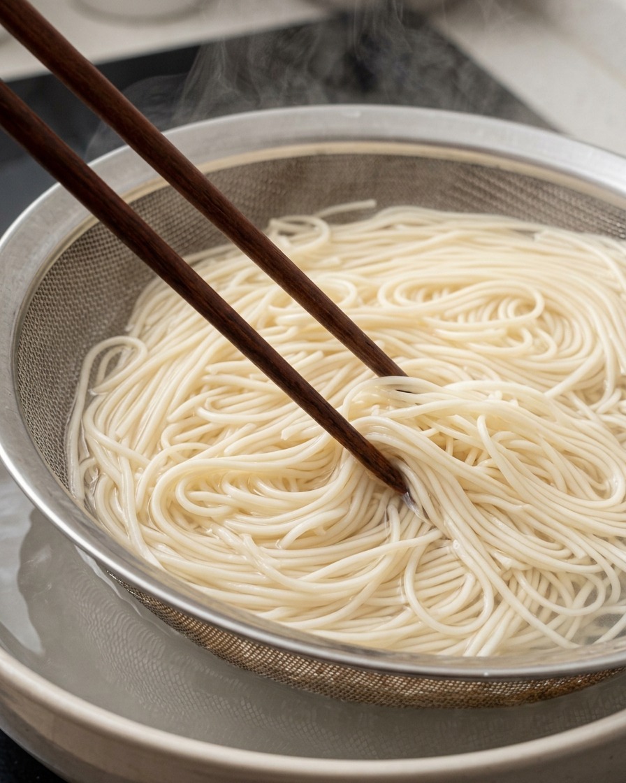 Un colino a rete pieno di noodles per ramen caldi e fumanti sollevato da una pentola con delle bacchette di legno.