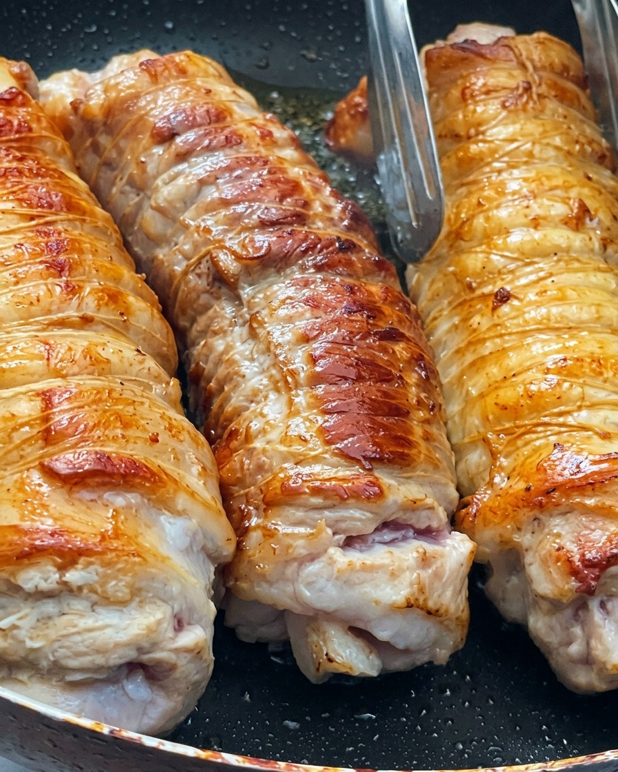Tre rotoli legati di pancetta di maiale che rosolano in padella mentre una pinza di metallo ne regola la posizione.