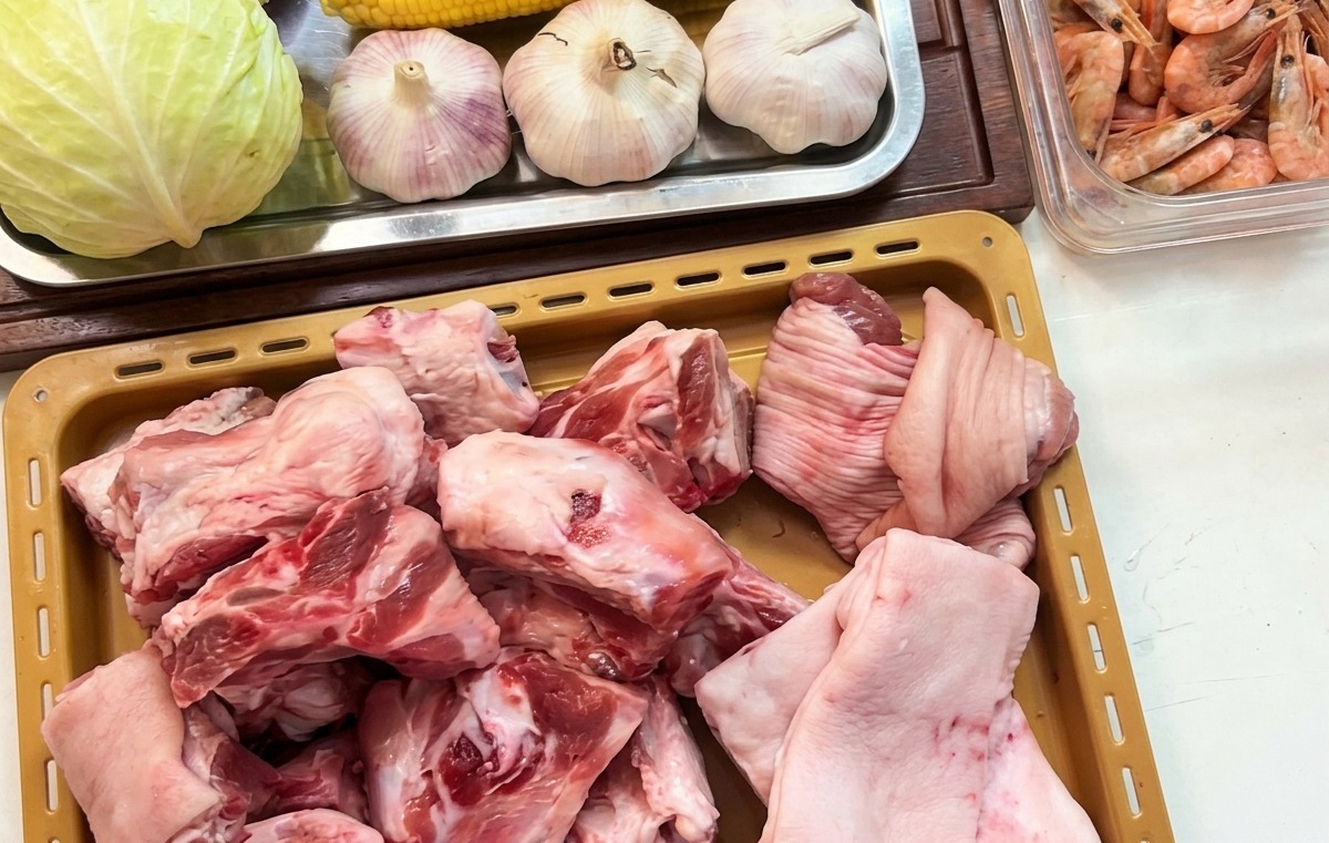 Vari ingredienti crudi tra cui ossa di maiale su un vassoio, un contenitore di gamberi rosa, una pannocchia di mais e teste daglio disposti sul bancone della cucina.