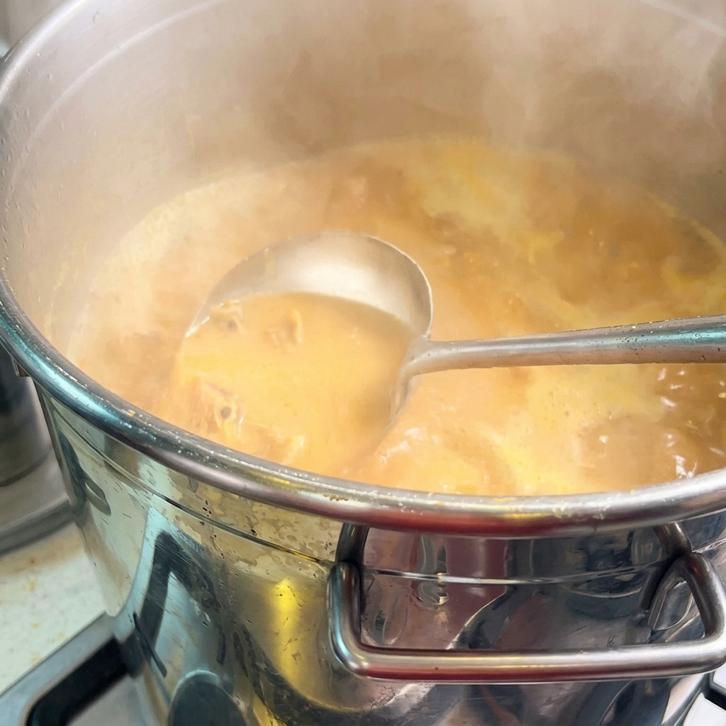 Un mestolo di metallo solleva una porzione di brodo per ramen ai gamberi denso, opaco e di un vibrante giallo-arancio da una grande pentola professionale.