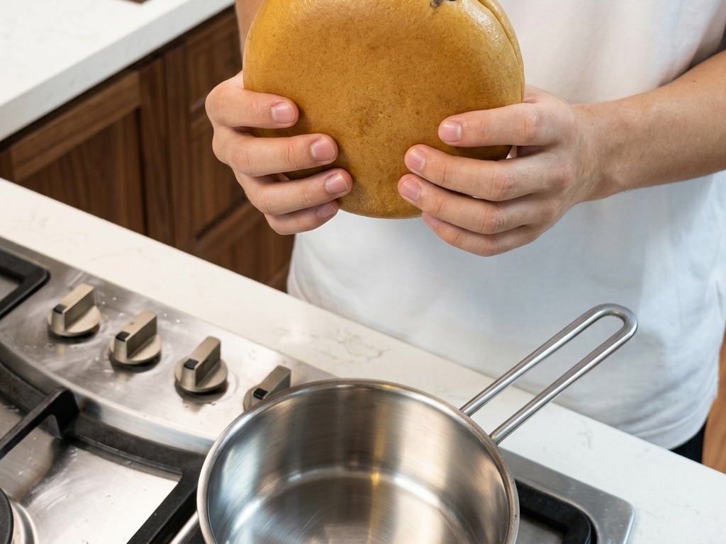 Una persona tiene un disco circolare solido di ramen congelato sopra una pentola dacciaio, mostrando la base della zuppa congelata di colore ambrato liscio.