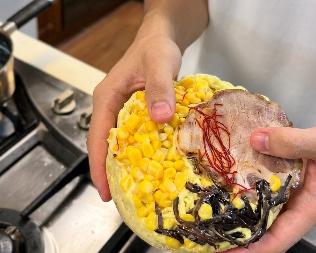 Una persona tiene sopra un fornello un panetto circolare di ramen congelato guarnito con mais giallo, una fetta di chashu di maiale e funghi wood ear sminuzzati.