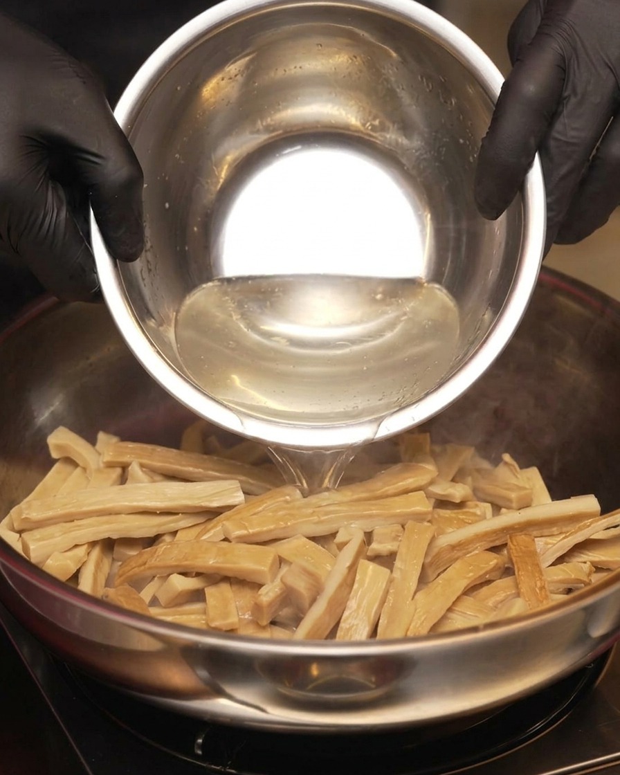 Liquido trasparente versato da una ciotola di acciaio inossidabile sui germogli di bambù saltati nella padella.