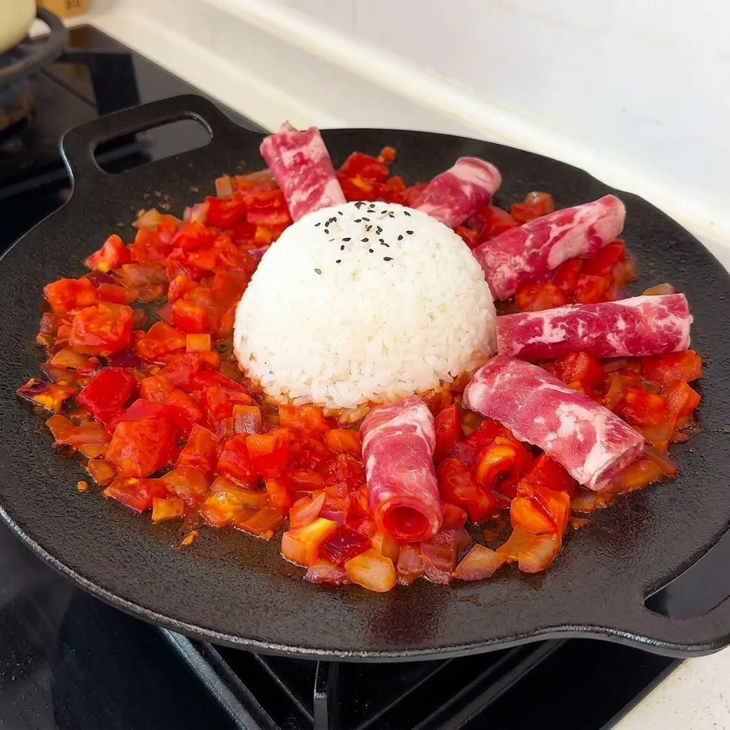 Una cupola di riso bianco guarnita con semi di sesamo nero, circondata da fette arrotolate di manzo crudo marmorizzato su un letto di pomodori cotti.