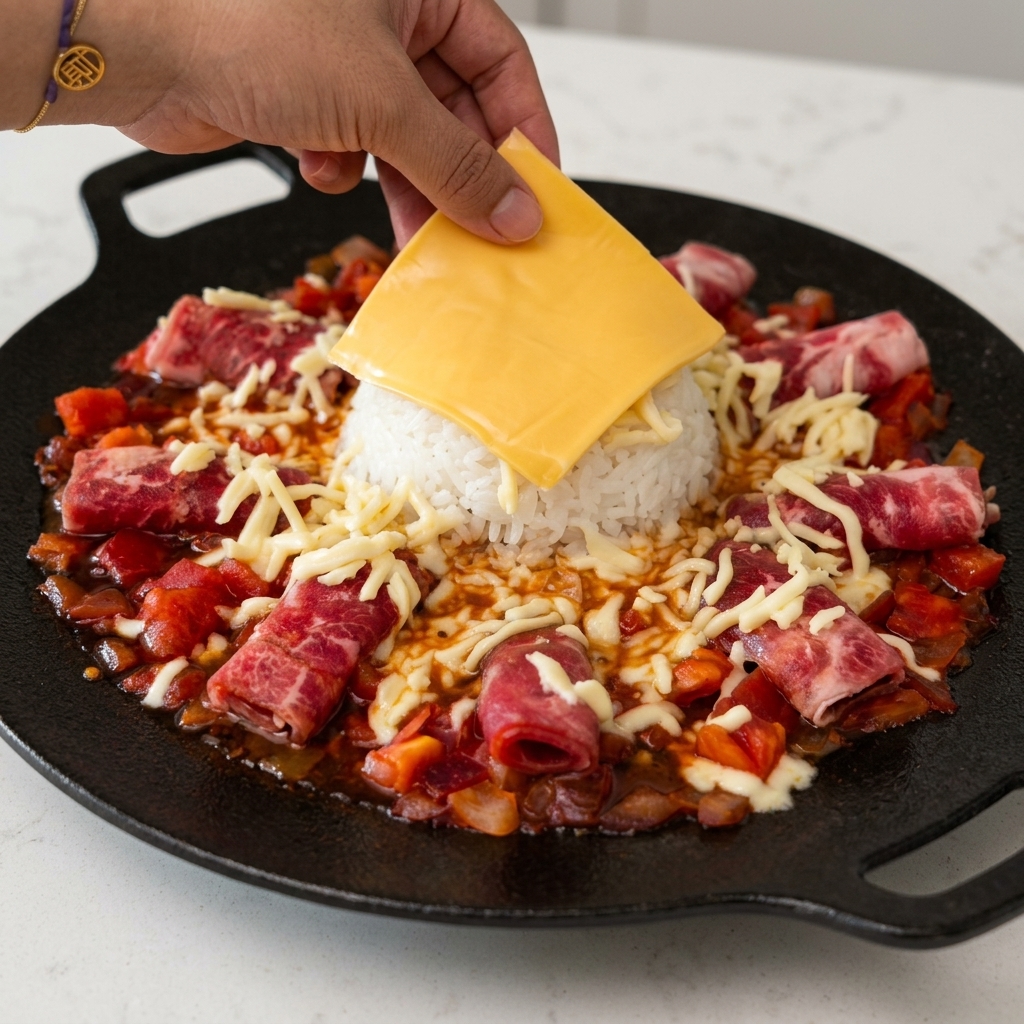 Una mano che posiziona una fetta quadrata di cheddar giallo sopra una cupola di riso bianco in padella, circondata da carne e formaggio grattugiato.