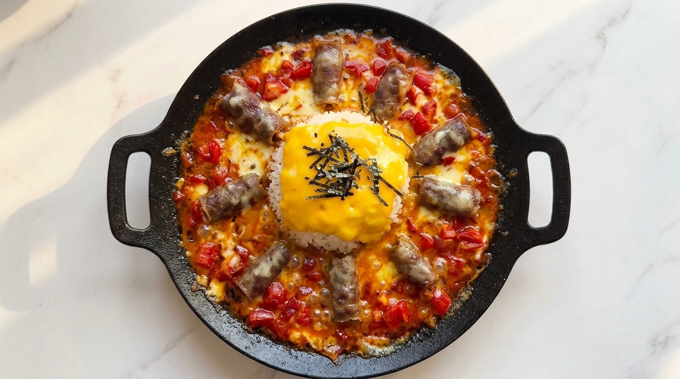 Una padella fumante di riso lava con manzo, pomodoro e una ricca copertura di cheddar e mozzarella fusi.