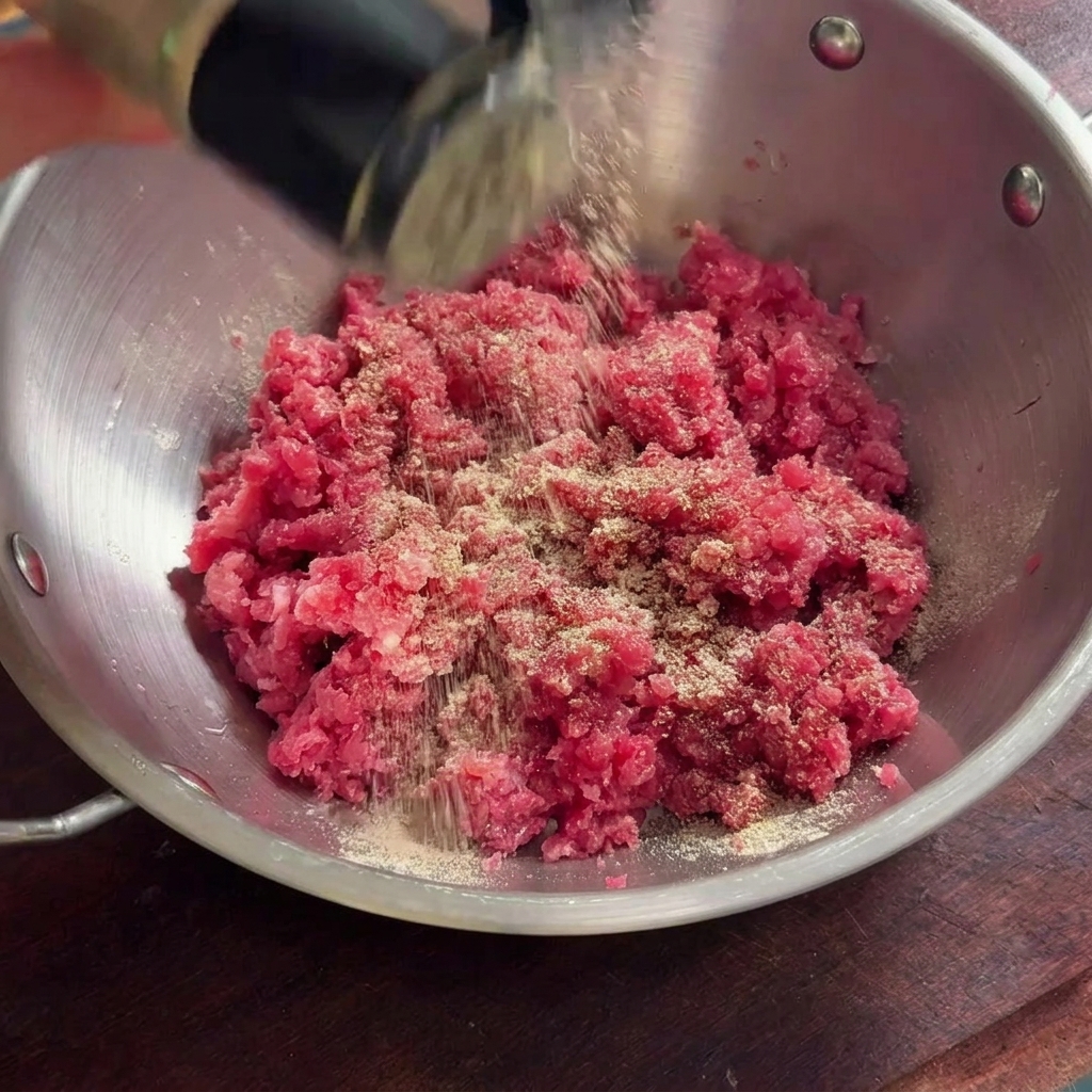 Pepe nero e vino da cucina trasparente versati sopra una ciotola in acciaio inossidabile con carne di manzo macinata cruda.