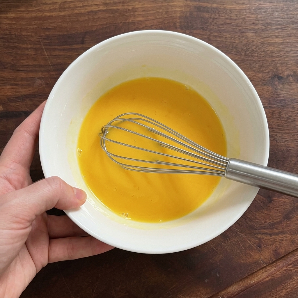Una frusta di metallo che mescola tuorli e albumi duovo di un giallo brillante in una ciotola di ceramica bianca.