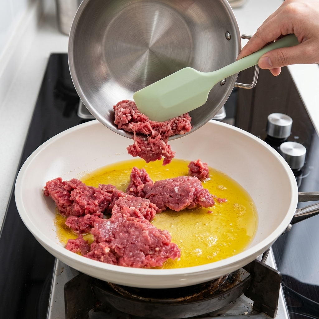 Carne di manzo macinata cruda versata da una ciotola di metallo in una padella con burro fuso.