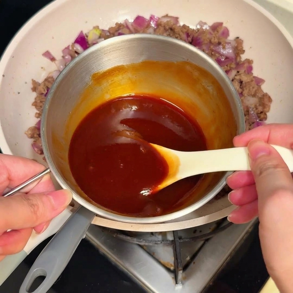 Un pentolino in acciaio inossidabile contenente una salsa densa e rossa mescolata con un cucchiaio bianco.