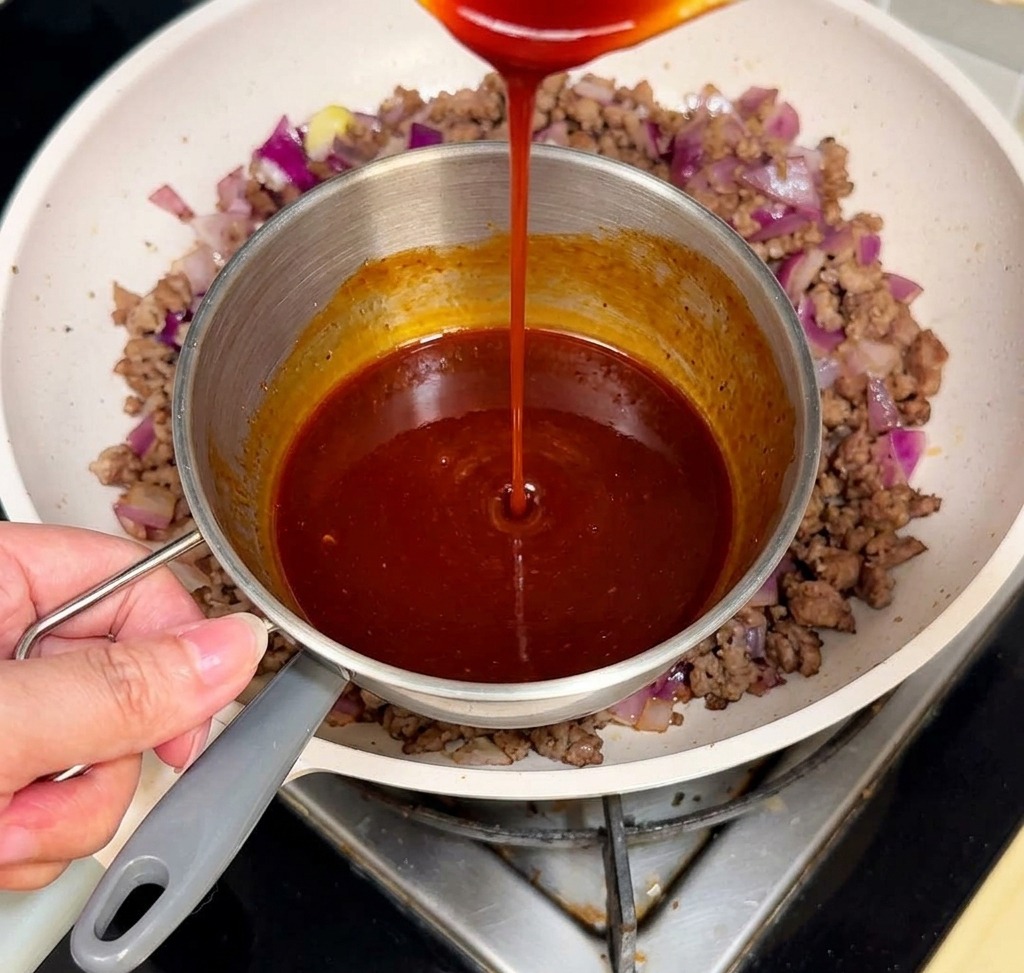 Una densa salsa rossa versata da un pentolino di metallo in una padella bianca con carne di manzo macinata cotta e cipolle rosse tritate.