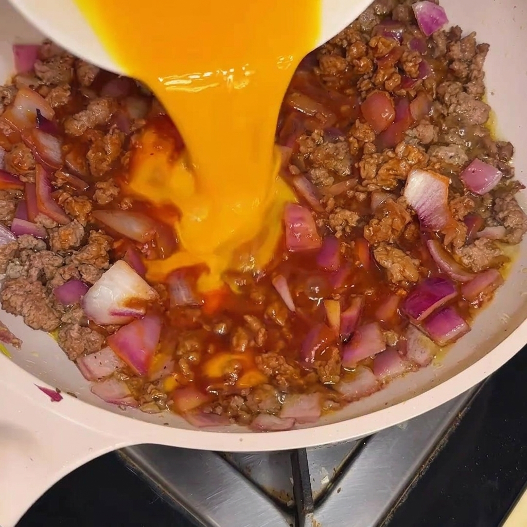 Uova sbattute di un giallo brillante versate a filo su un mix sfrigolante di manzo, cipolle e salsa rossa in padella.