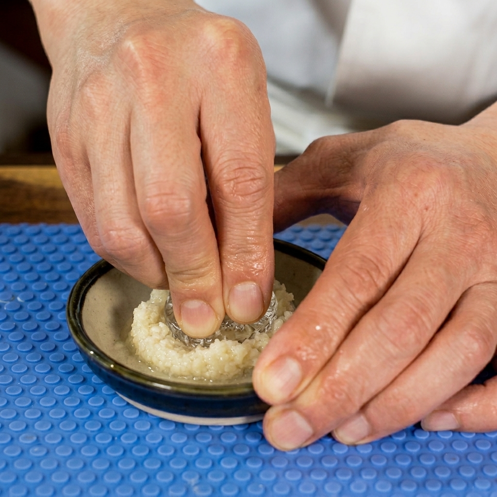 Primo piano di uno spicchio daglio strofinato su un piattino grattugia in ceramica per creare una pasta liscia.