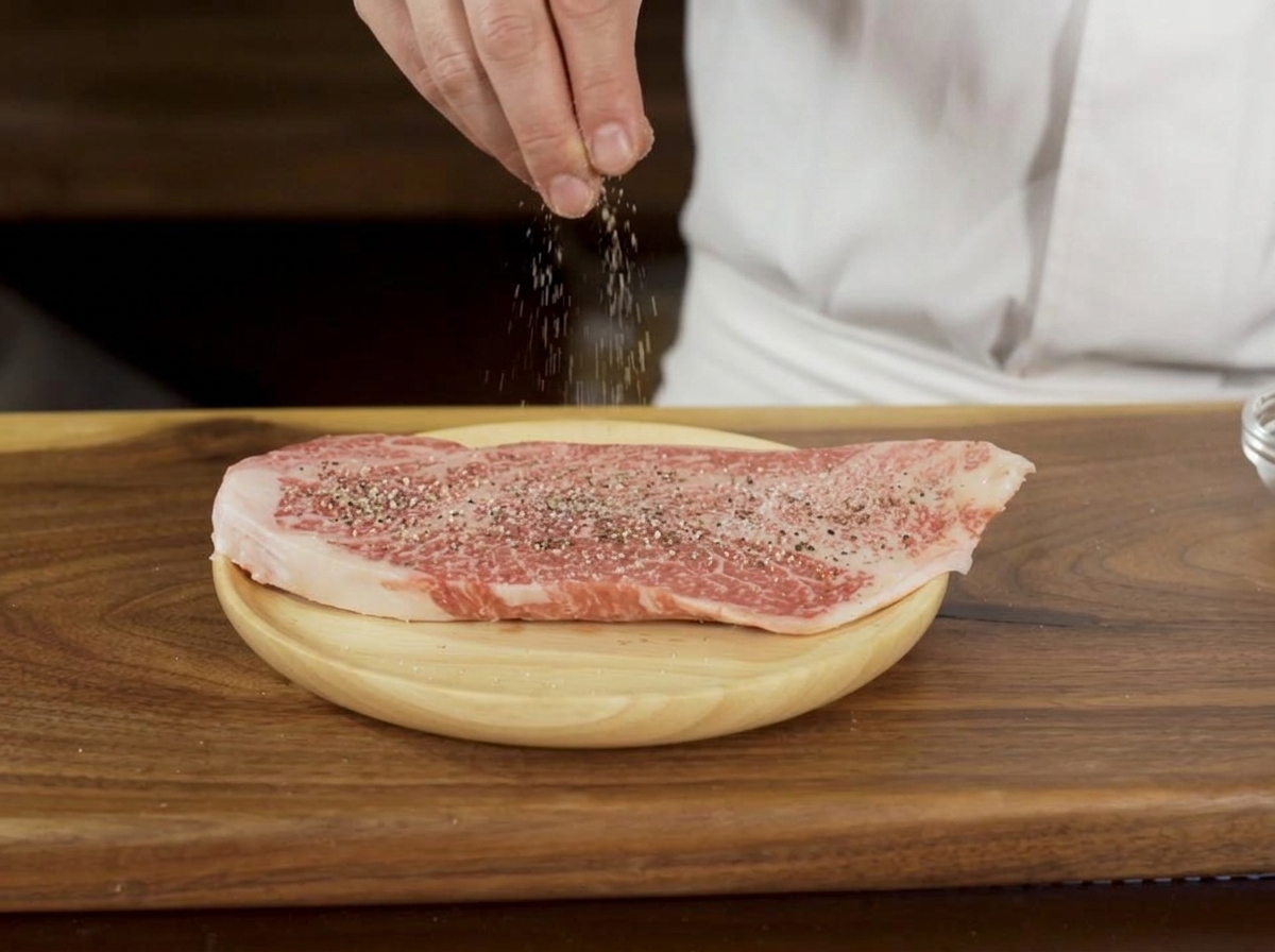 Una mano cosparge di sale e pepe macinato una spessa bistecca marezzata cruda appoggiata su un tagliere di legno.
